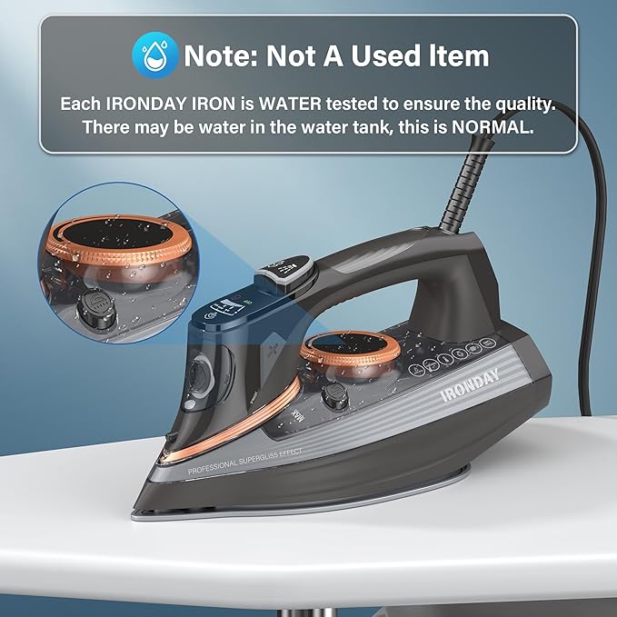 IRONDAY Steam Iron for Clothes with LCD Screen, 1700W Iron Non-Stick Ceramic Soleplate, Auto Shutoff, Self-Cleaning, Anti-Drip, Steam Burst, Spray Mist 10.14oz Water Tank Ironing Clothes for Home,Grey