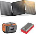 Portable Power Station with Foldable Solar Panel Charger 30W, 120W Camping Power Bank with AC Outlet, 110V Battery Pack for Laptop Smart Devices RV Outdoor Travel Hiking Fishing Power Outage Backup