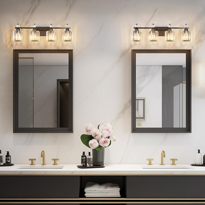 FDPBY Bathroom Vanity Lights 4-Light Plating Black Modern Crystal Vanity Light Fixtures Over Mirror Crystal Bathroom Vanity Lighting Fixtures