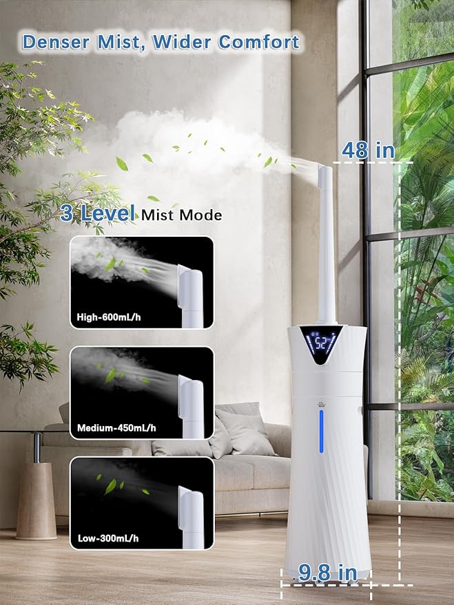 MONISEN 17L/4.5Gal Humidifier Large Room, Smart Quiet Ultrasonic Cool Mist Humidifiers for Bedroom, Covers 2000ft², 56H Runtime, 24H Timer, 3 Mist Modes Humidifiers for Home, Office, Plants, White