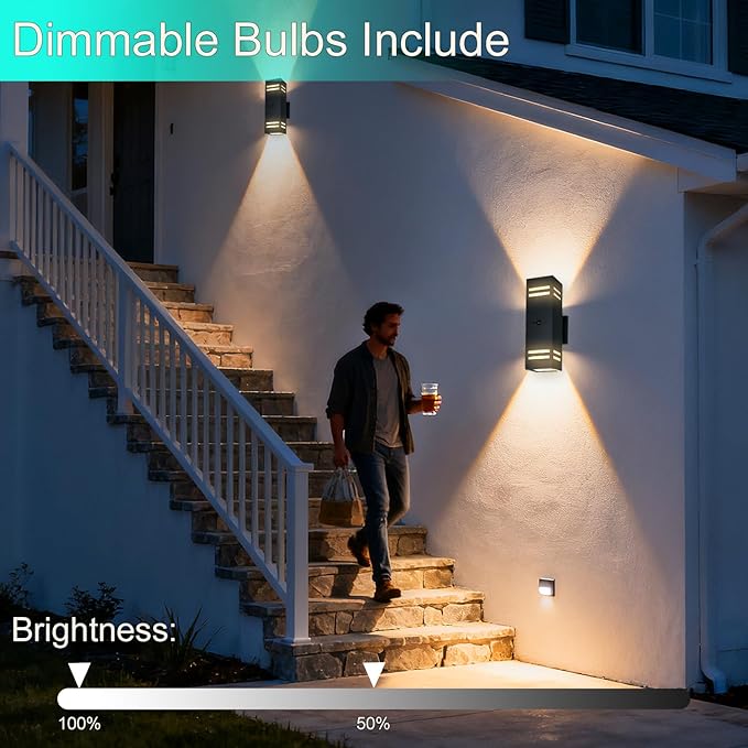 Motion Sensor Outdoor Wall Lights with Dusk to Dawn, E26 Dimmable LED Bulbs Included, Black Aluminum Up & Down Waterproof Porch, Patio, Garage, Garden, Front Door, ETL Listed 2 Pack