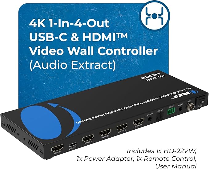 OREI 4K Video Wall Controller for Multi-Screen Display with HDMI and USB-C Inputs, 4K@60Hz Input and 1080p Output, 180° Rotation, RS-232 Control and Optical Audio Output