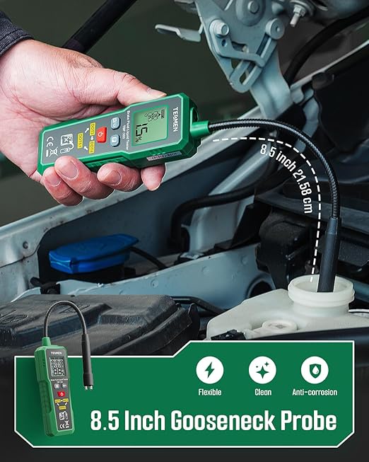 TESMEN TBF-300 Brake Fluid Tester with 8.5-Inch Corrosion Resistance Gooseneck Probe, Testing for DOT3, DOT4, DOT5.1, Brake Fluid Tester Pen with Light, Data Hold, Backlight Alarm for Auto Care-Green