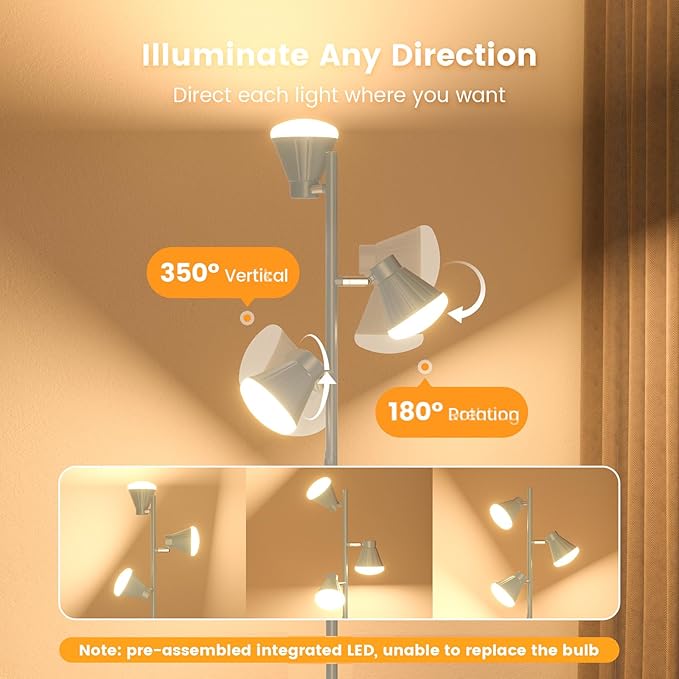 SIBRILLE 36W LED Tree Floor Lamp, Dimmable Tall Standing Lamp with Remote & Touch Control, 4 Color Temperatures Bright Floor Lamp, 3 Rotatable Light Modern Floor Lamps for Living Room Bedroom Office