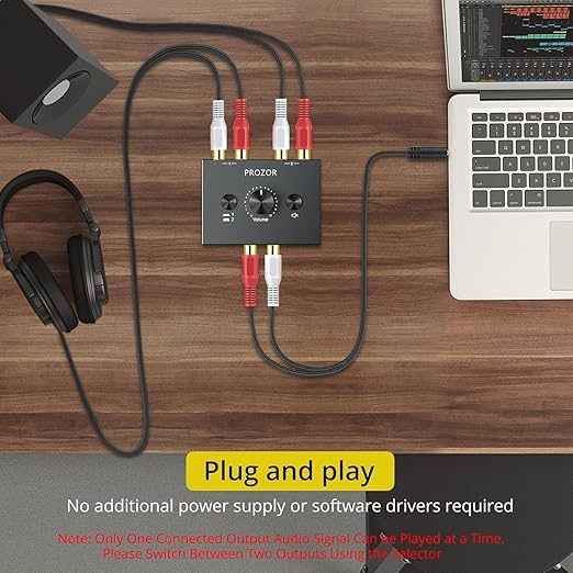 PROZOR RCA Stereo Audio Switcher - 2 in 1 Out R/L Stereo Audio Switch, 1 in 2 Out Stereo Audio Splitter with Mute Button and No External Power Required