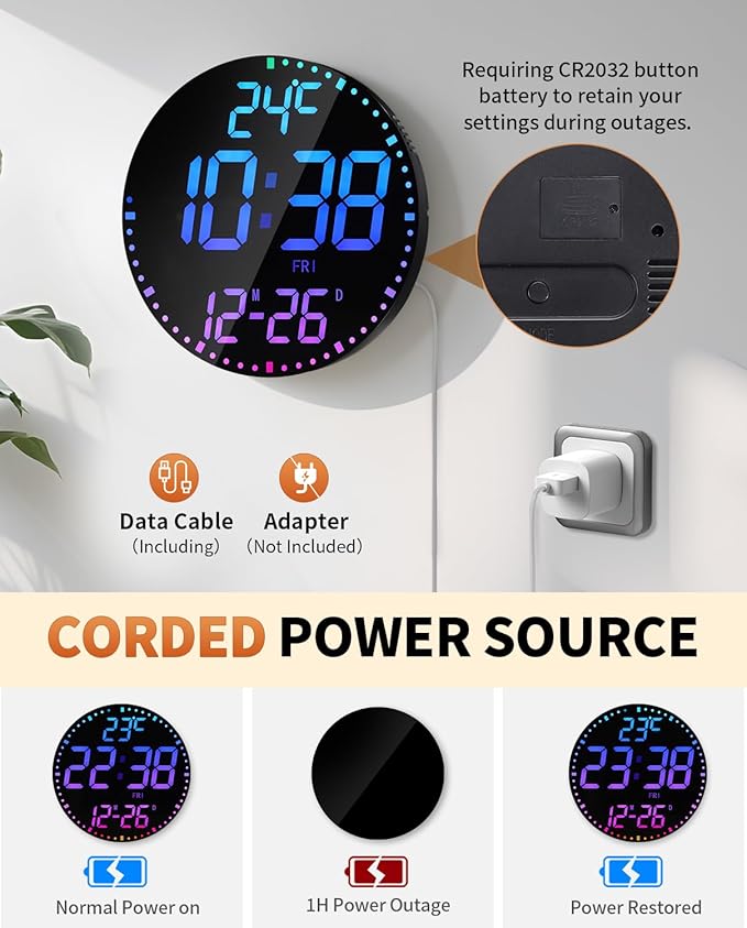 GLOKUUCA 12" Large Digital Wall Mount Clock, Count Down Timer, Alarm, Big LED, 12 RGB Color, Temperature for Living Room Classroom Desk, Xmas, Birthday Gift for Senior Mom Dad (Round)