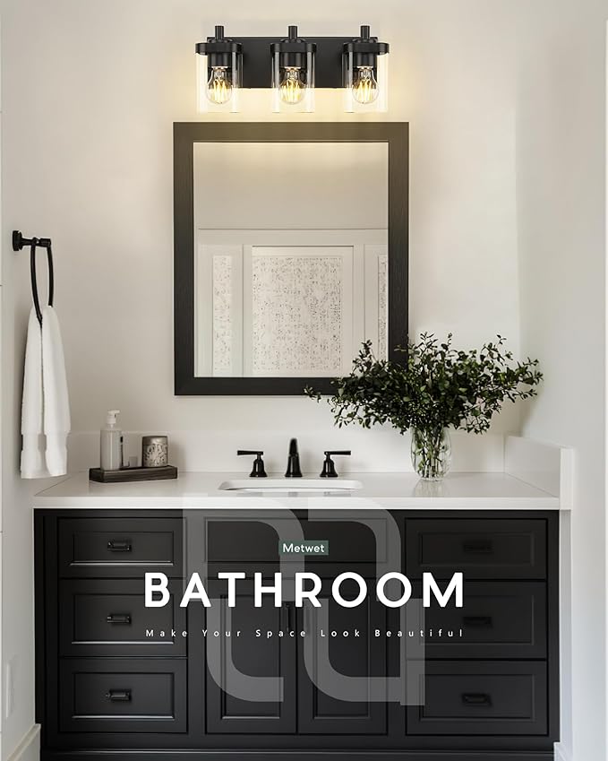 METWET Bathroom Light Fixtures Over Mirror, 3-Light Matte Black Vanity Light with Square Clear Glass Shade, Modern Wall Sconces, Vanity Lighting Fixtures, VL194-MB-3
