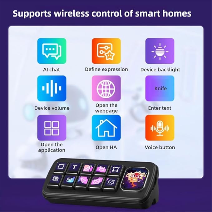 VELATEMOR AI Voice Control Panel, 10 LCD Mechanical Buttons 2.01 Inch Auxiliary Screen, with AI Voice Recognition and One Key Macro, for OS X Smart Home Automation (White)