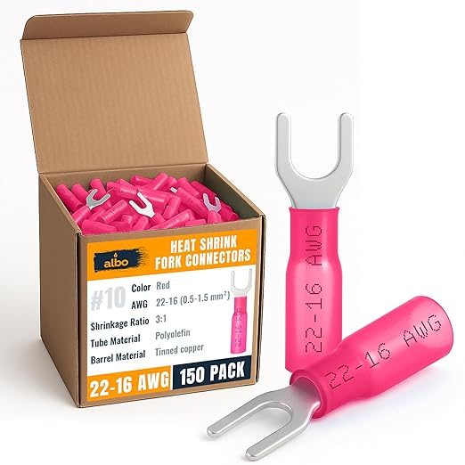 150PCS Red Heat Shrink Fork Spade Connectors #10 – 22-16 AWG Tinned Copper Terminals, Waterproof Wire Crimp Kit for Automotive, Marine, Speaker & Electrical Wiring