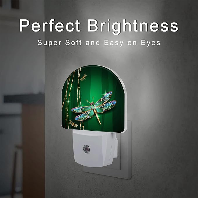 sndheke Green Jewel Dragonfly Night Light for Kids,Luxuxy Gold Dragonfly Night Light Plug in with Dusk to Dawn Sensor,0.5w Energy Saving Sleep Friendly Nightlight for Hallway Stairway Kitchen Bedroom