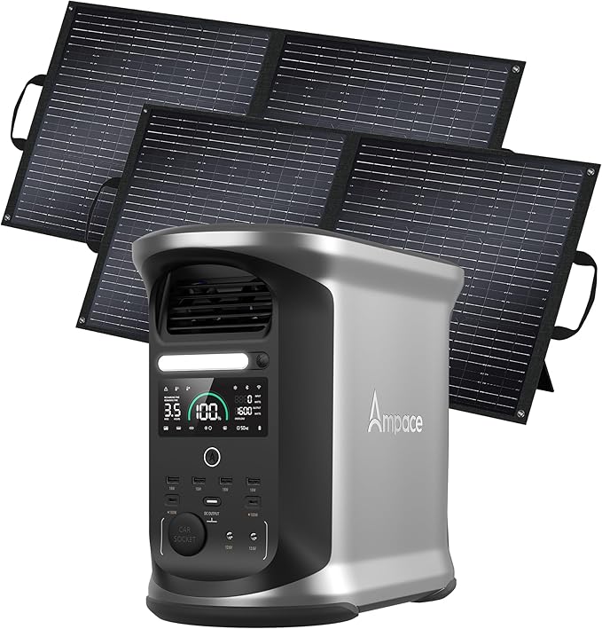 AMPACE 2400W Solar Power Station with 2×100W Solar Panels Andes 1500, 1462Wh Battery Generator with 4 AC Outlets, 1H Full Charging, APP Control Battery Backup for Home, RV