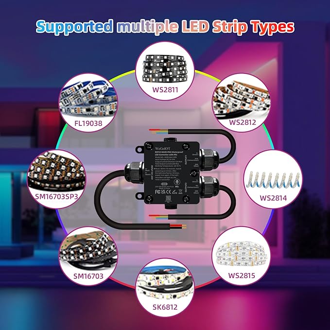 WeGoIOT Waterproof ESP32 WLED Controller with Mic, Project for Pool Boat Landscape Outdoor Lights IP65 Dynamic RGB IC DIY Lighting WiFi APP Control for WS2812B DC5-24V RGBW LED Controller (2 Channel)