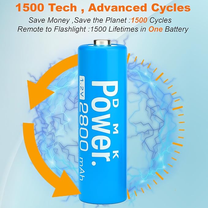 DMK POWER Rechargeable High Capacity Batteries 1.2V NiMH Low Self Discharge (AA Mixed Color 2800MAH (10 Pieces))