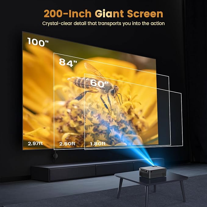 Mini Projector, H5 Portable Video Projector with WiFi & Bluetooth, Movie Projector Supports 8K with Android System, Auto Keystone Correction, 40"-200" Screen Video Projector, with HDMI Cable