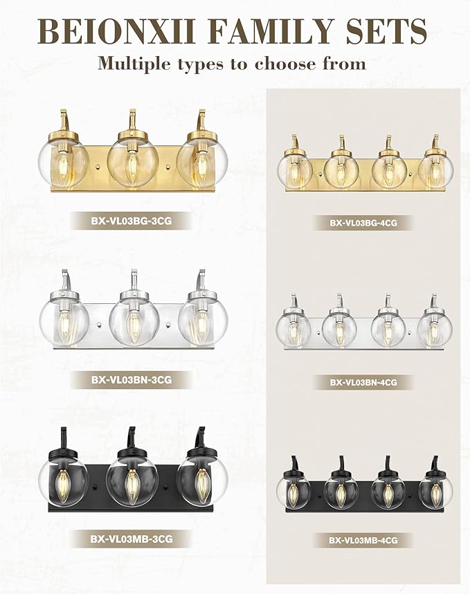 Beionxii Black Bathroom Vanity Light, 3-Light Bathroom Light Fixtures with Clear Glass Shade, Modern Vanity Lights Over Mirror Living Room Hallway, BX-VL03MB-3CG