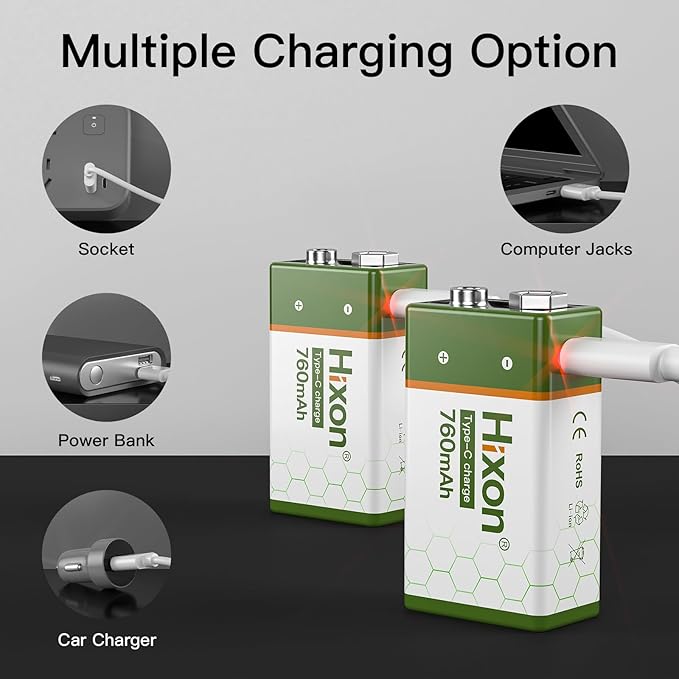 Hixon USB 9V Rechargeable Lithium Batteries - Long-Lasting 760mAh 9 Volt LI-ion Batteries with Type C Charging Cable - for Alarms Wireless Microphones Smoke Detectors Toys (4 Pack)