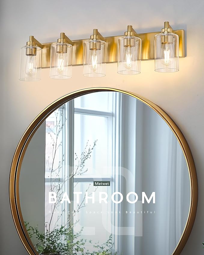 METWET 5-Light Bathroom Light Fixtures, 30 Inch Brushed Gold Vanity Light with Cylinder Clear Glass Shade, Modern Vanity Lighting Fixtures Over Mirror, VL143-BG-5
