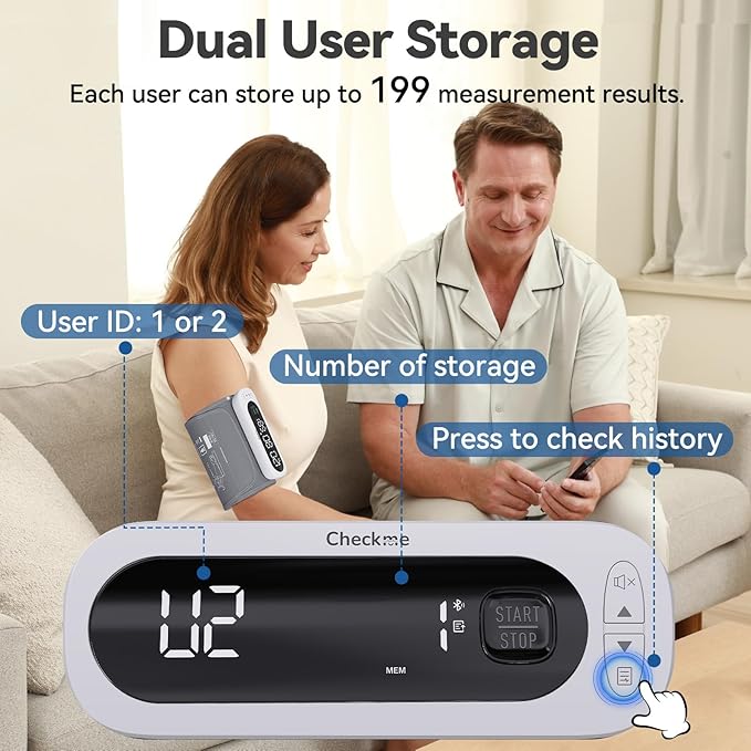 Checkme Rechargeable Blood Pressure Monitor, Automatic Upper Arm BP Machine, Large Clear Numbers, Voice Broadcast, 2-User Mode, 2x199 Memories, Large Cuff, Unlimited Cloud Storage via Bluetooth APP
