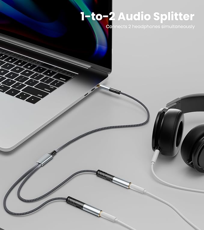 JOMLEY Headphone Splitter 3.3ft(1m), Audio Splitter 3.5mm 1 Male to 2 Female Adapter, Nylon-Braided 3.5mm Dual Headphone Jack Extension Cable for Headset, Smartphone, Tablet, Laptop