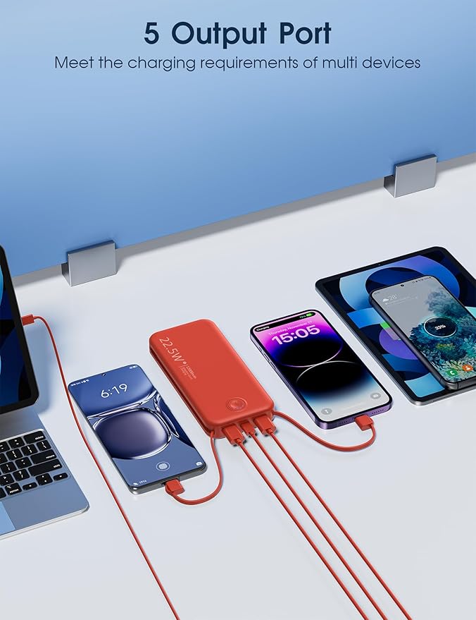 Nusyddy Portable Charger, 12000mAh 22.5W Fast Charging Power Bank with Built-in Cables & Wall Plug, Travel Essentials External Battery Pack, USB C Battery Phone Charger for iPhone, iPad, Samsung Red