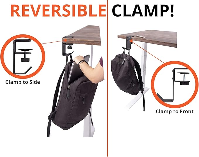 Stand Up Desk Store Clamp-On Under Desk Headphone Hanger, Backpack Hook, and Purse Holder - Black