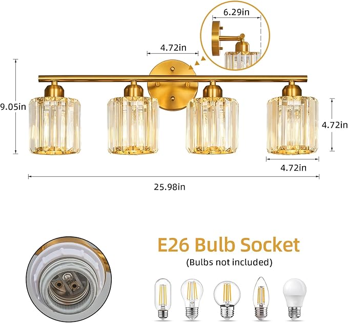 FDPBY Modern 4 Light Crystal Vanity Light, Brushed Gold Vertical Bathroom Light Fixture Over Mirror for Dressing Table Sink, Compatible with Dimmable Bulbs (Bulbs Not Included)
