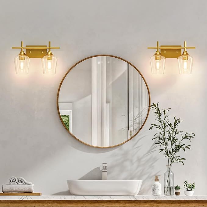 VONLUCE Bathroom Vanity Light, 2-Light Bathroom Light Fixture Over Mirror, Vanity Light Fixtures with Clear Glass, Modern Wall Sconce for Bathroom Bedroom Hallway Kitchen, Brushed Gold