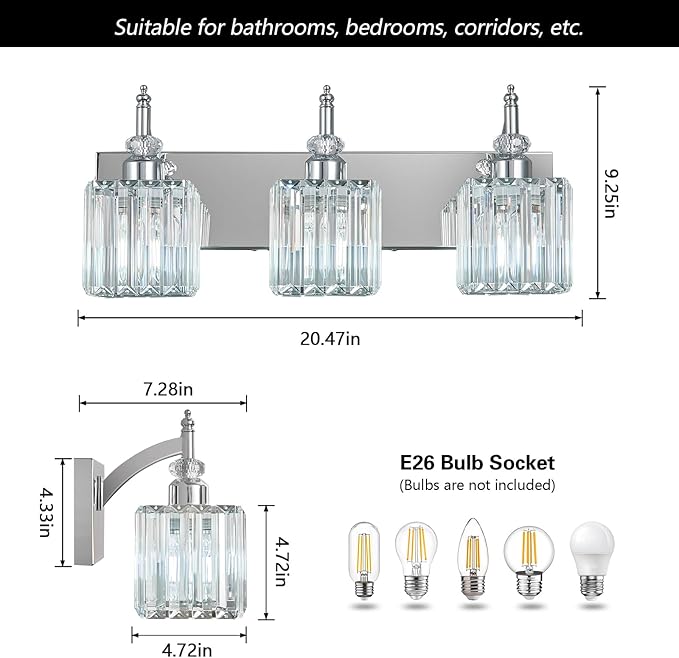 BBLLWJ Modern Bathroom Vanity Light 3-Light Chrome Crystal Light Fixtures Over Mirror for Bathroom Wall Sconce