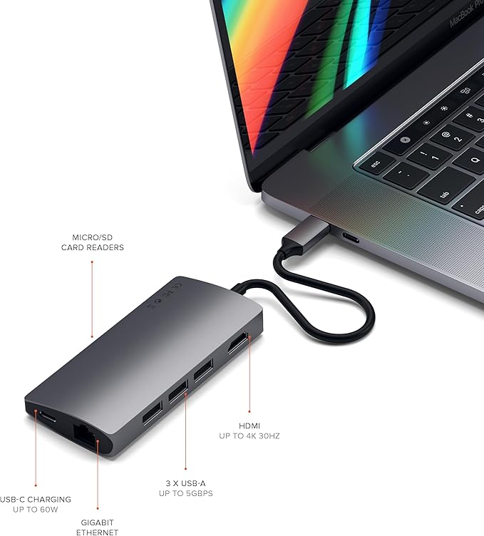Satechi 8 in 1 USB C Hub Multiport Adapter V2, 4K HDMI, 115W USB C PD Charging, 3 USB-A, Ethernet, Micro/SD Card Readers, for Laptop, MacBook Air/Pro M5/M4, iPad, Windows - Space Gray