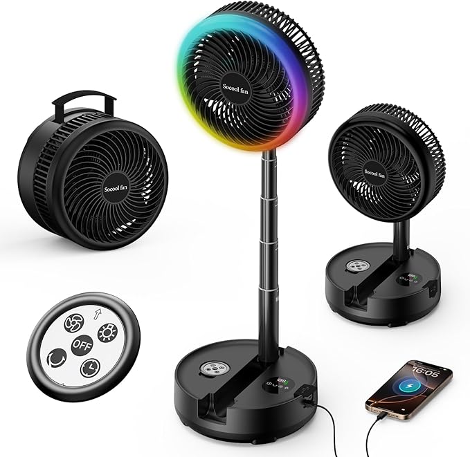 Socool 40000mAh Portable Fan Foldable Battery Rechargeable with 8 Speed & 106H, 90° Osciliating Floor Standing Fan Remote, Desk Fan with 8H Timer & LED Light for Home Outdoor Travel Camping