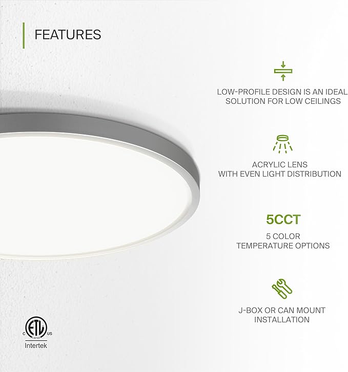 ASD LED 12" Round Flush Mount Ceiling Light Fixture, Low Profile Surface Lighting | 5CCT, Dimmable, Ultra-Thin, ETL Listed | 24W 1900LM 2700-6000K 120V | Kitchen, Hallway Lamp | Nickel, 4 Pack