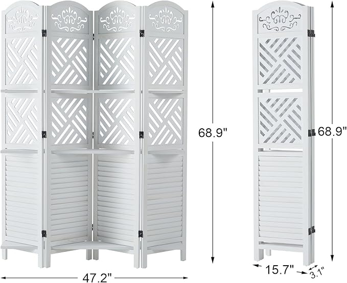 Svimi Room Divider with Shelves, 68.9inch Wood Carved and Louvered Wall Divider Freestanding, 4 Panels Folding Partition Screen for Bedroom Home Office (White)
