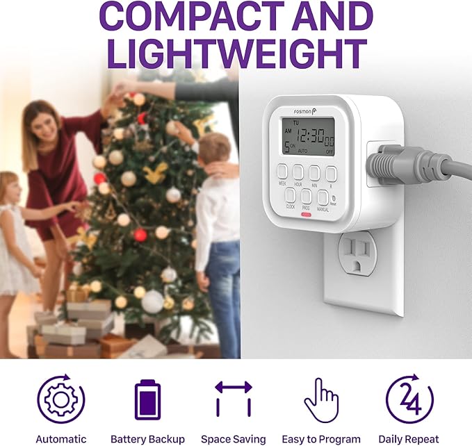 Fosmon 7 Day Digital Timers for Electrical Outlets, Indoor Plug-in Light Timers Switch Programmable, Electric Wall Plug for Lamp, Grow Reptile Lights, Aquarium, 15A/1875W, Grounded