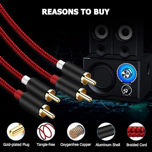 Goalfish RCA Cable, 15FT 2-Male to 2-Male RCA Audio Cord Stereo Subwoofer Cable [2Pack, Hi-Fi Sound, Shielded] Auxiliary Cord for Home Theater, HDTV, Amplifiers, Hi-Fi Systems, Speakers-Red
