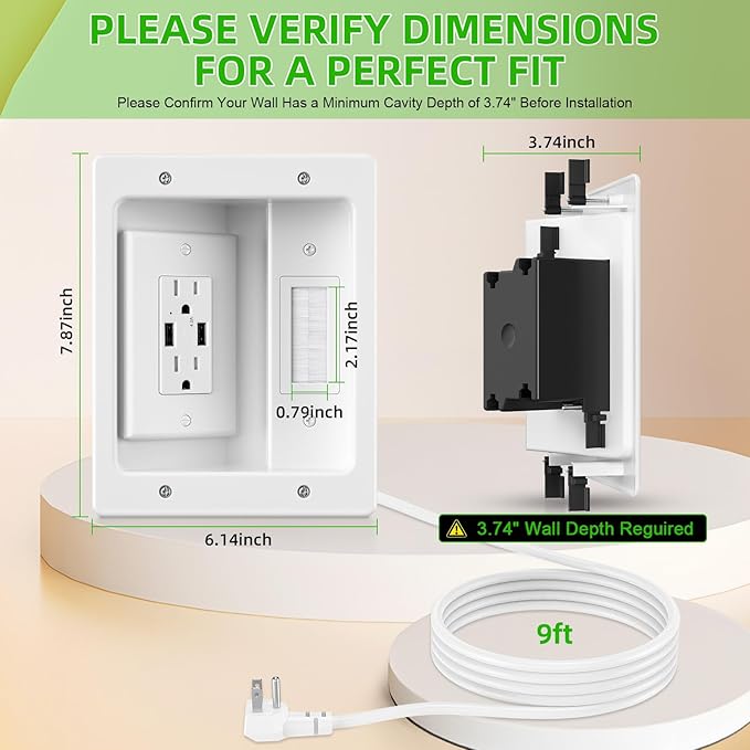 in Wall Cable Management Kit with Brush Wall Plate,AC Outlets & USB Ports,9ft Cord,Hide Cords Recessed Wall Outlet for TV Cable Management,HDMI Cables and Home Theater Systems