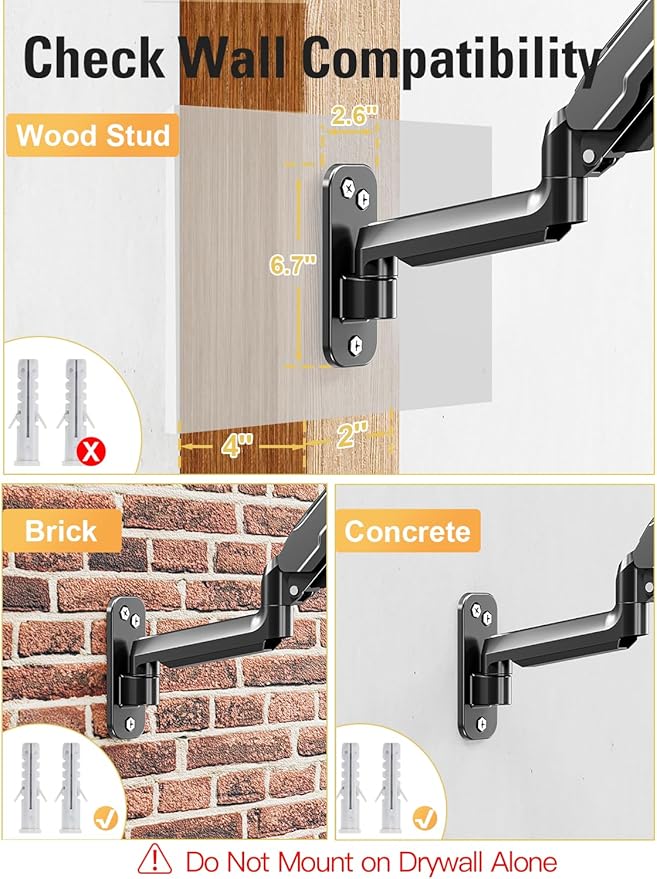 DreamAxis Single Monitor Wall Mount for 13-32" Computer Screens, Gas Spring Monitor Arm Holds Up to 19.8 lbs, Full Motion Height Adjustable Wall Bracket, 75x75/100x100mm VESA Mount, XD7001
