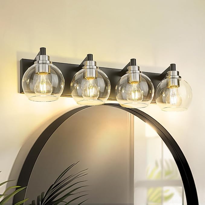 METWET Bathroom Light Fixtures, 4-Light Black and Brushed Nickel Bathroom Vanity Light, 26 Inch Modern Wall Sconces with Globe Clear Glass Shade, Vanity Lighting Fixtures Over Mirror, VL195-KN-4