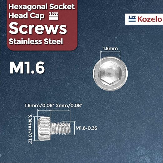 Kozelo 60pcs Socket Head Cap Screws - [M1.6-0.35 x 2mm] 304 Stainless Steel Allen Socket Drive for Electrical Motor 3D Printing Fan Engine Replacement Use, Silver