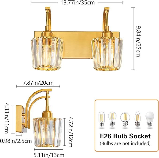 FDPBY Modern Bathroom Vanity Light, 2-Light Gold Wall Sconce with Crystal Accents, Over Mirror Bathroom Lighting Fixture, 13.77" Long Dimmable Vanity Lamp for Makeup, Easy Installation