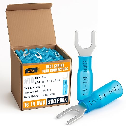 200PCS Blue Heat Shrink Fork Spade Connectors #10 – 16-14 AWG Tinned Copper Terminals, Waterproof Wire Crimp Kit for Automotive, Marine, Speaker & Electrical Wiring