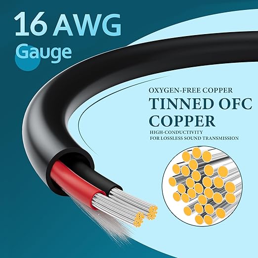 HiFind 16/2 Gauge Speaker Wire Cable 50 Ft-Tinned OFC Copper-UL CL3 Rated- Indoor/Outdoor-Pro Series 16 AWG-UV PVC Jacket&Cotton, Hi-Fi Sound for Car Audio,Home Theater Speakers,Stereos-Black