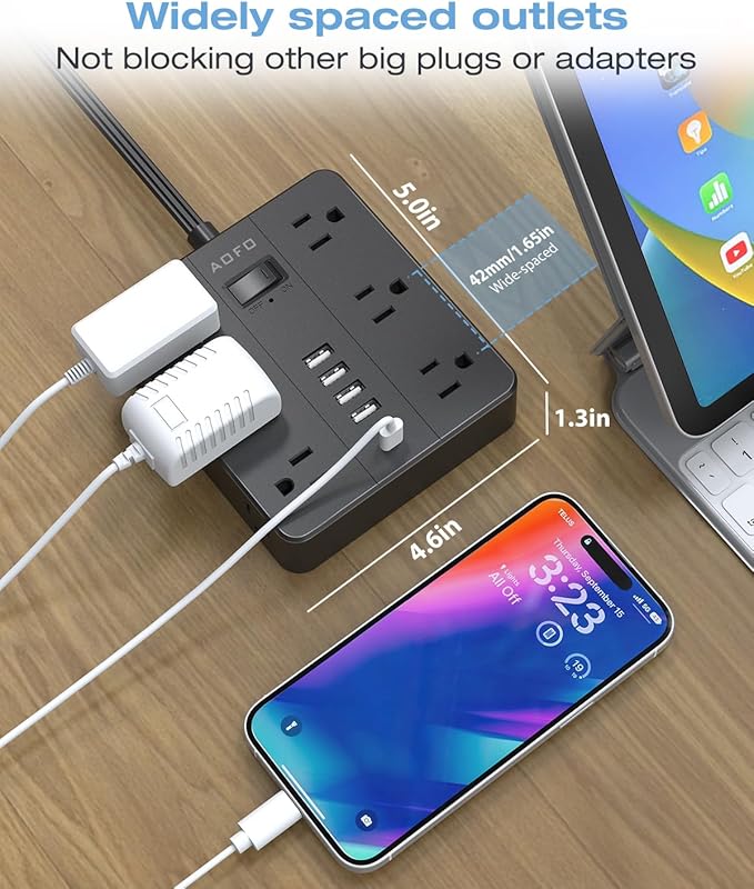 AOFO 10FT Surge Protector Power Strip,12 AC Outlets with 6 USB Ports (2 USB-C), Flat Plug Extension Cord with Multiple Outlets, Wall Mount for Home Office,Dorm,Black
