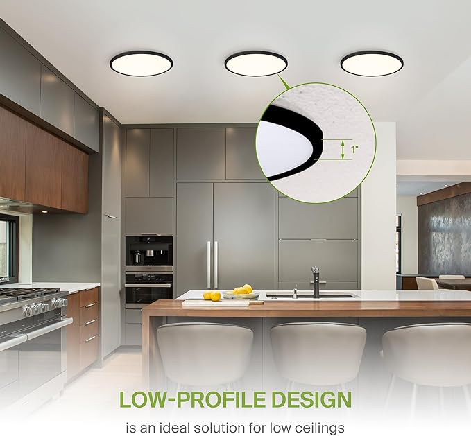 ASD LED 12" Round Flush Mount Ceiling Light Fixture, Low Profile Surface Lighting | 5CCT, Dimmable, Ultra-Thin, ETL Listed | 24W 1900LM 2700-6000K 120V | Kitchen, Bedroom, Hallway Lamp | Black