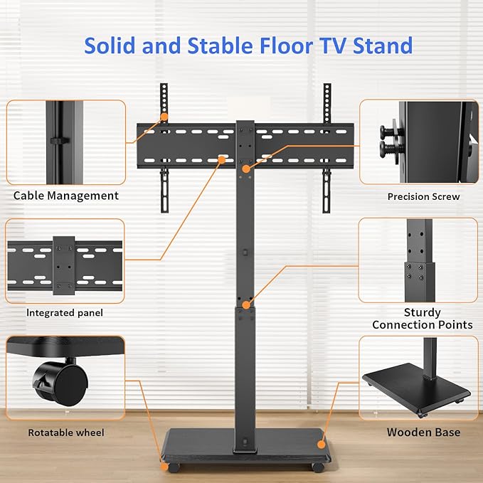 Afaloona Rolling TV Stand, Portable Mobile TV Stand for 32-75 Inch TVs up to 110 lbs, 18 Adjustable Heights, Max VESA 600x400mm, Rolling TV Cart on Wheels with Mount for Bedroom, Office, Outdoor