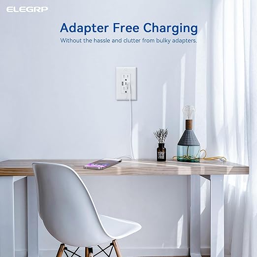 ELEGRP USB Outlets, 15 Amp Wall Outlet with 3 USB Ports, Dual USB C Ports Outlets, TR Tamper-Resistant USB Outlets Receptacles, Wall Plate Included, UL/CUL Listed, 1 Pack, White