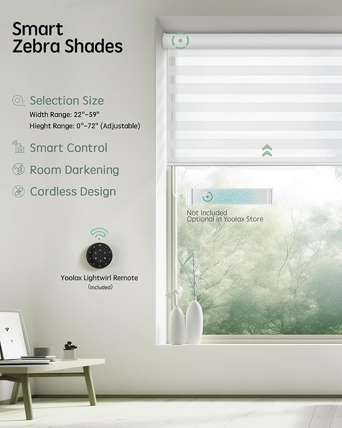 Yoolax Motorized Blinds with Remote, Electric Zebra Blinds for Indoor Windows, Room Darkening Smart Shades with Voice Control, Compatible with Alexa Google Home, APP Control, 51" W x 72" H, White