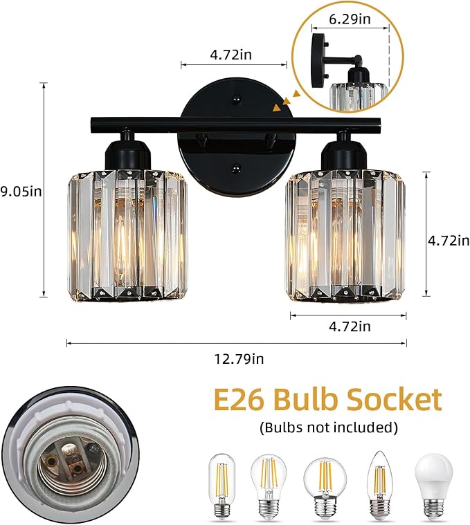FDPBY Modern 2 Light Crystal Vanity Light, Plating Black Vertical Bathroom Light Fixture Over Mirror for Dressing Table Sink, Compatible with Dimmable Bulbs (Bulbs Not Included)
