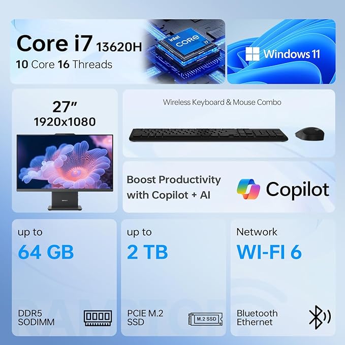 Lenovo IdeaCentre Business Computer All-in-One PC, 27" FHD 100Hz Display, Intel Core i7-13620H, 32GB DDR5, 1TB SSD, Wi-Fi 6, Windows 11 Pro with AI & Microsoft Copilot, Wireless KB & M, Grey