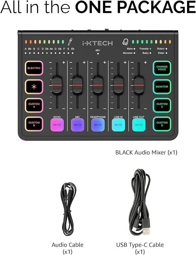 IXTECH Gaming Audio Mixer 4 Channel Soundboard, Streaming RGB PC Audio Interface with XLR Microphone Support, Audio Equalizer for Gaming Podcast Streaming Karaoke, Individual Volume Controls (Black)