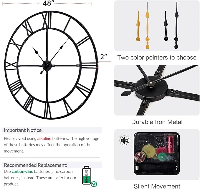 Ohweog Oversized 48 inch Wall Clock for Living Room Decor – Extra Large Silent Non-Ticking Modern Farmhouse Wall Clock, Decorative Metal Roman Numeral Clock, Black